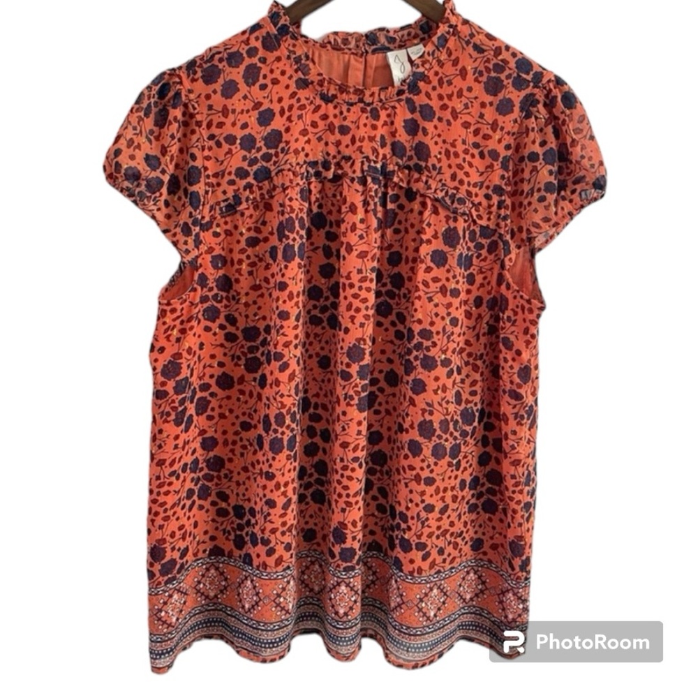 Joie Orange and Navy Floral Short Sleeve Blouse